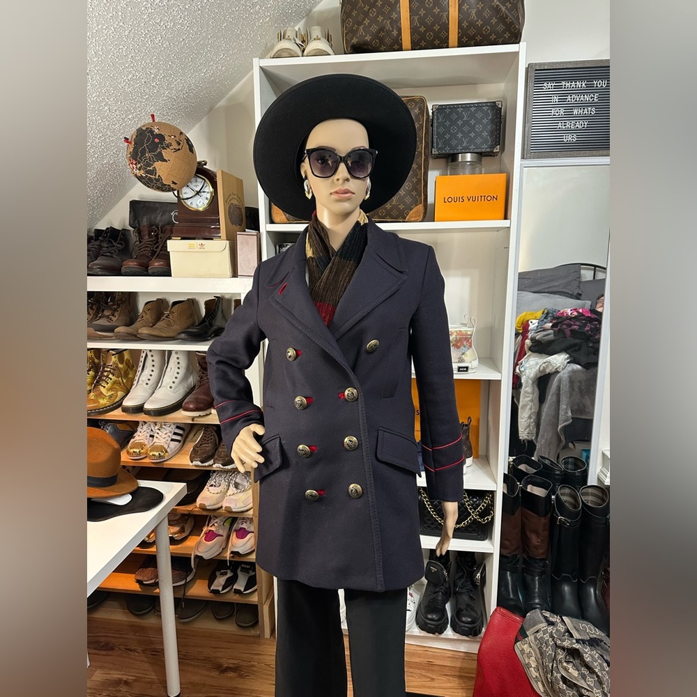 Navy Blue. Military Style Double Breasted Wool Coat
